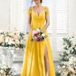 Flowy A-Line V-Neck Cold-Shoulder Chiffon Long Slit Bridesmaid Dress