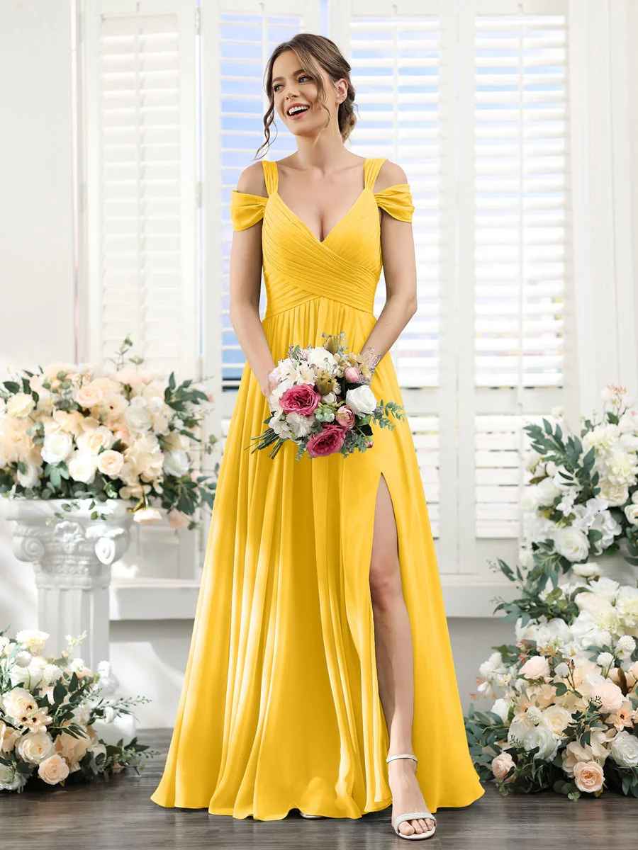 Flowy A-Line V-Neck Cold-Shoulder Chiffon Long Slit Bridesmaid Dress