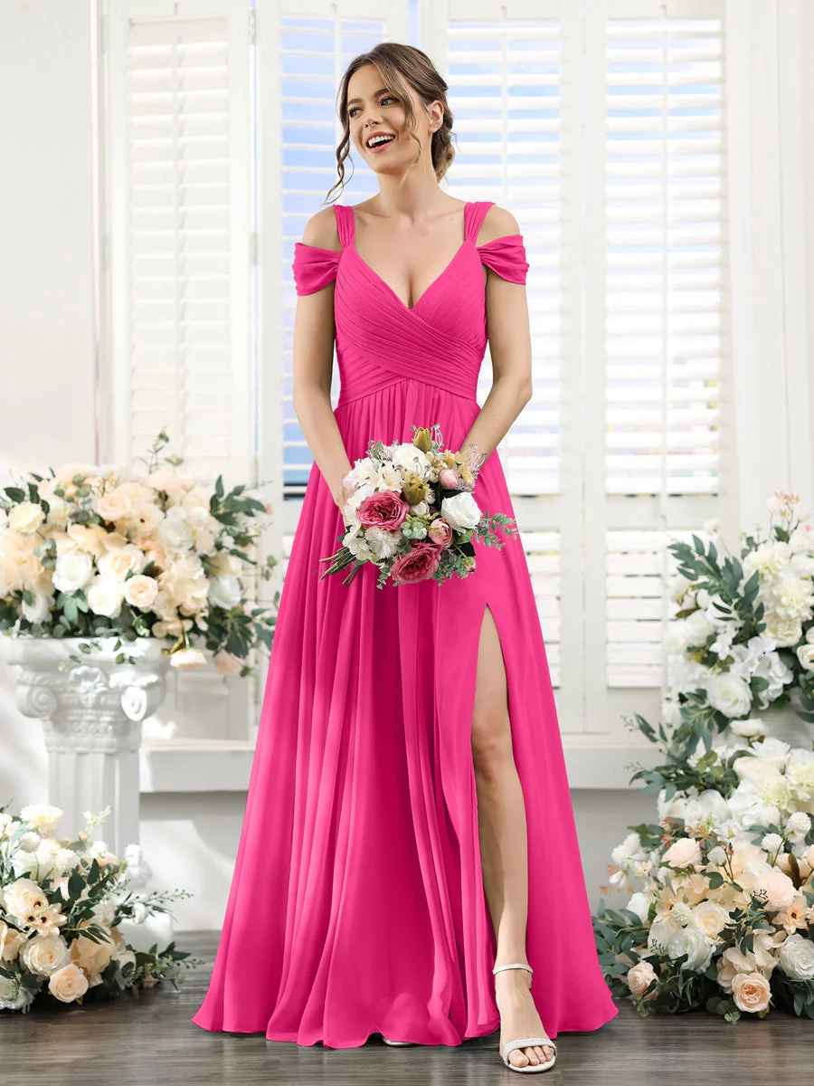 Flowy A-Line V-Neck Cold-Shoulder Chiffon Long Slit Bridesmaid Dress