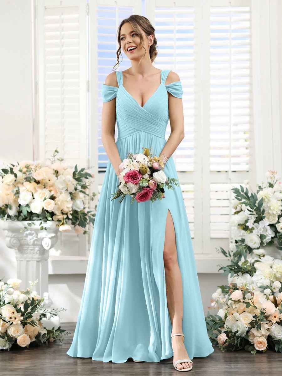 Flowy A-Line V-Neck Cold-Shoulder Chiffon Long Slit Bridesmaid Dress
