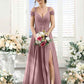 Flowy A-Line V-Neck Cold-Shoulder Chiffon Long Slit Bridesmaid Dress