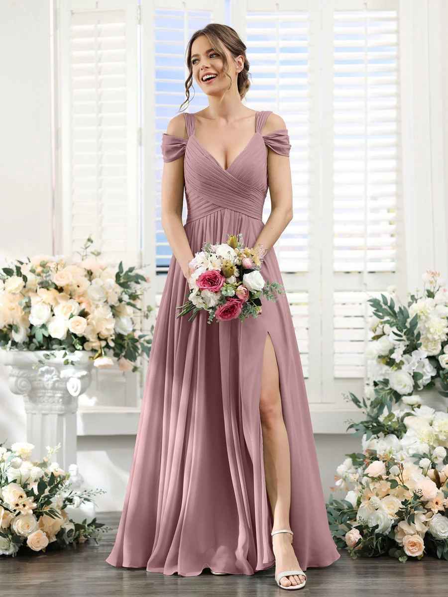 Flowy A-Line V-Neck Cold-Shoulder Chiffon Long Slit Bridesmaid Dress