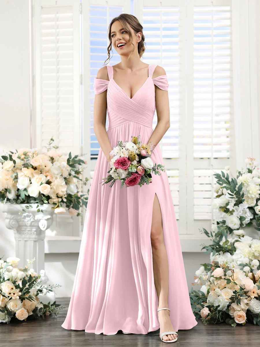 Flowy A-Line V-Neck Cold-Shoulder Chiffon Long Slit Bridesmaid Dress