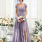 Flowy A-Line V-Neck Cold-Shoulder Chiffon Long Slit Bridesmaid Dress