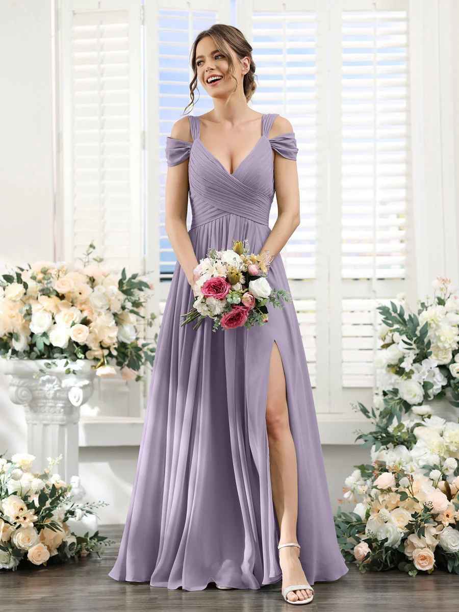 Flowy A-Line V-Neck Cold-Shoulder Chiffon Long Slit Bridesmaid Dress