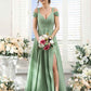 Flowy A-Line V-Neck Cold-Shoulder Chiffon Long Slit Bridesmaid Dress