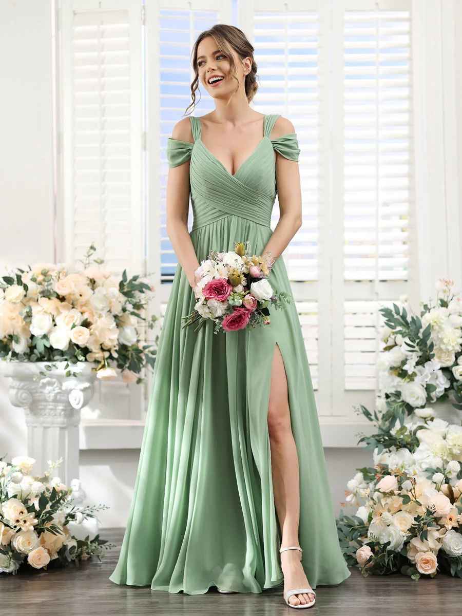 Flowy A-Line V-Neck Cold-Shoulder Chiffon Long Slit Bridesmaid Dress