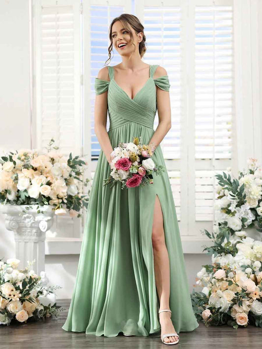 Flowy A-Line V-Neck Cold-Shoulder Chiffon Long Slit Bridesmaid Dress