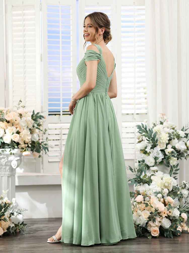 Flowy A-Line V-Neck Cold-Shoulder Chiffon Long Slit Bridesmaid Dress