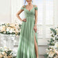 Flowy A-Line V-Neck Cold-Shoulder Chiffon Long Slit Bridesmaid Dress