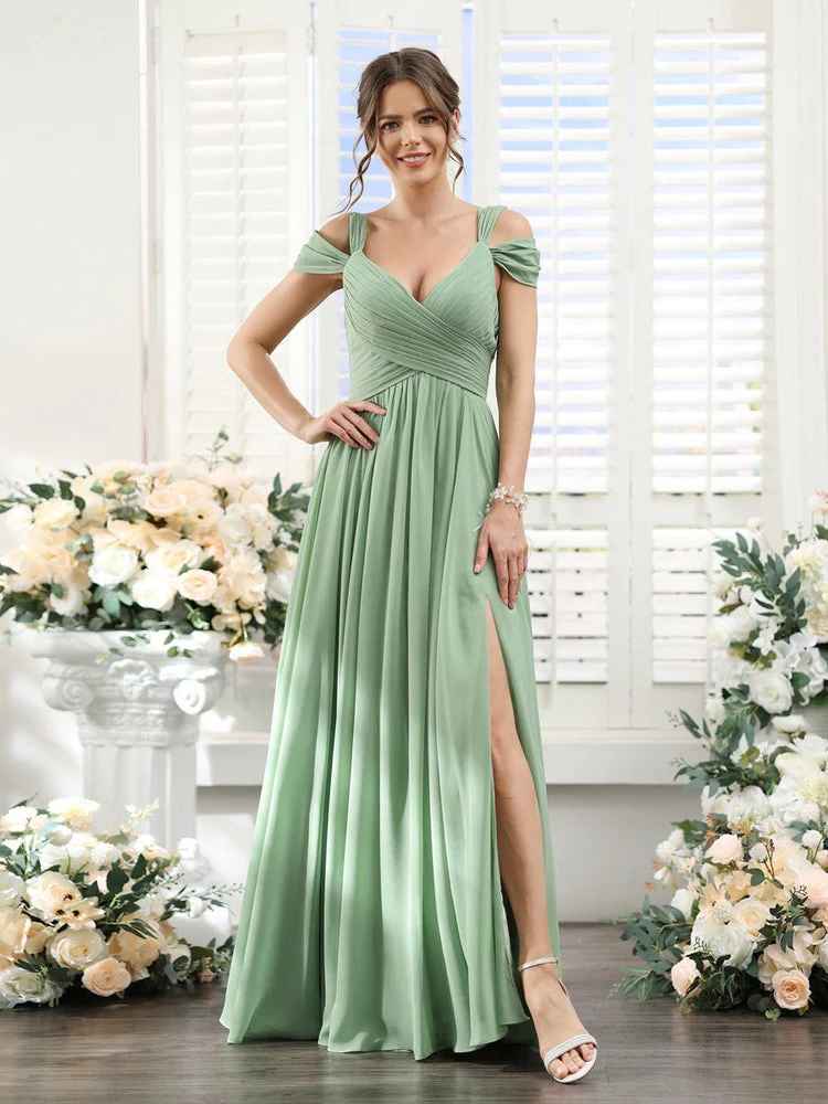 Flowy A-Line V-Neck Cold-Shoulder Chiffon Long Slit Bridesmaid Dress