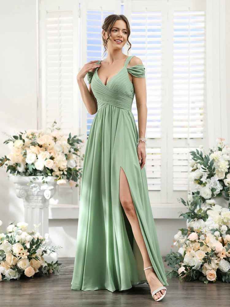 Flowy A-Line V-Neck Cold-Shoulder Chiffon Long Slit Bridesmaid Dress