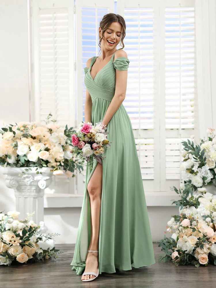 Flowy A-Line V-Neck Cold-Shoulder Chiffon Long Slit Bridesmaid Dress