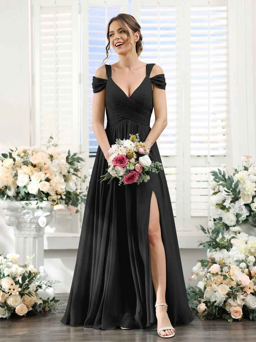 Flowy A-Line V-Neck Cold-Shoulder Chiffon Long Slit Bridesmaid Dress