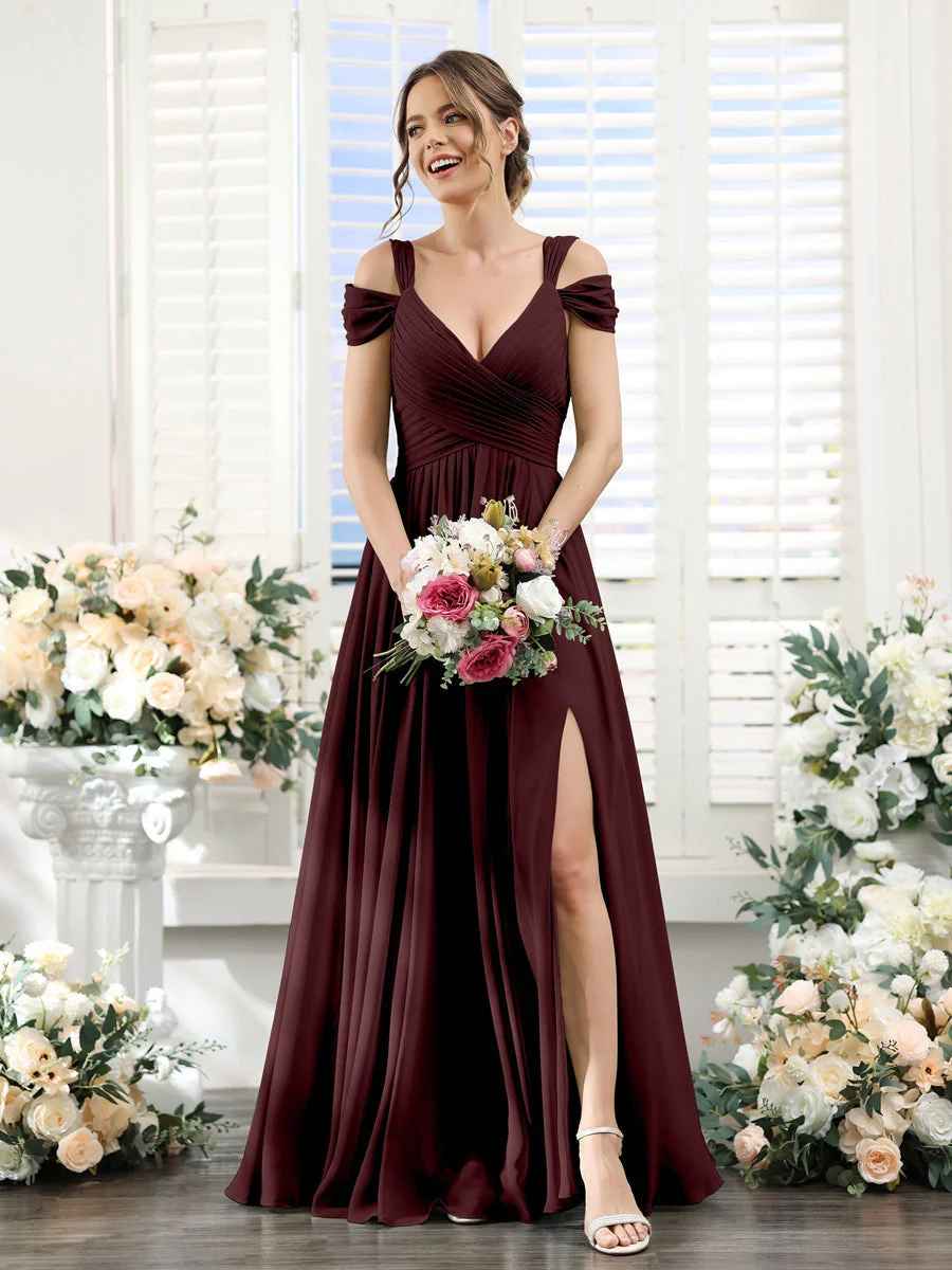 Flowy A-Line V-Neck Cold-Shoulder Chiffon Long Slit Bridesmaid Dress