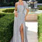 Glamorous A-Line One-Shoulder Sleeveless Pleated Floor-Length Embellished Lace-Up Evening Dress