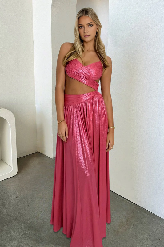 Glamorous A-Line Sweetheart Sleeveless Metallic Maxi Prom Dress With Cutouts