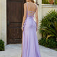 Glamorous Mermaid Plunging Sleeveless Satin Train-Length Bow-Detail Lace-Up Evening Dress
