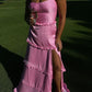 Romantic Tiered Square Neck Sleeveless Satin Maxi Wedding Guest Dress With Slit