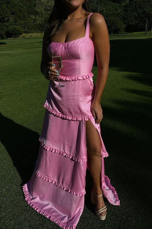 Romantic Tiered Square Neck Sleeveless Satin Maxi Wedding Guest Dress With Slit