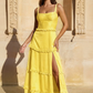 Romantic Tiered Square Neck Sleeveless Satin Maxi Wedding Guest Dress With Slit