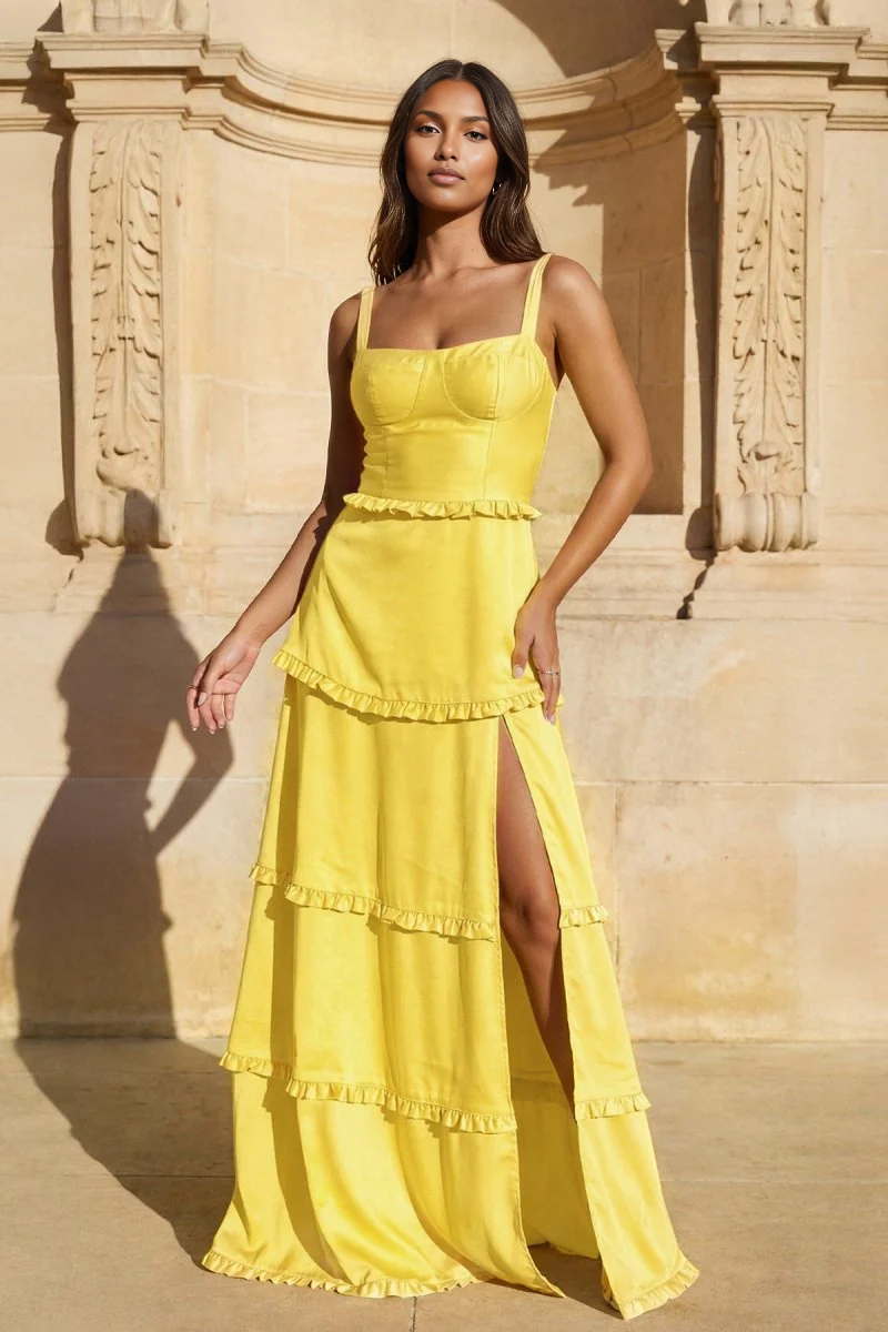 Romantic Tiered Square Neck Sleeveless Satin Maxi Wedding Guest Dress With Slit
