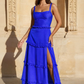 Romantic Tiered Square Neck Sleeveless Satin Maxi Wedding Guest Dress With Slit