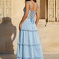 Romantic Tiered Square Neck Sleeveless Satin Maxi Wedding Guest Dress With Slit
