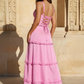 Romantic Tiered Square Neck Sleeveless Satin Maxi Wedding Guest Dress With Slit