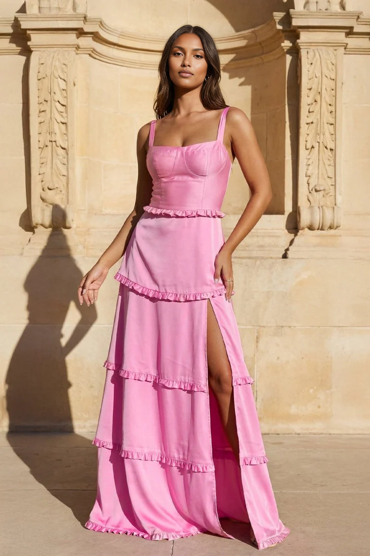 Romantic Tiered Square Neck Sleeveless Satin Maxi Wedding Guest Dress With Slit