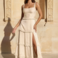 Romantic Tiered Square Neck Sleeveless Satin Maxi Wedding Guest Dress With Slit