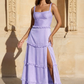 Romantic Tiered Square Neck Sleeveless Satin Maxi Wedding Guest Dress With Slit