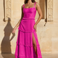 Romantic Tiered Square Neck Sleeveless Satin Maxi Wedding Guest Dress With Slit