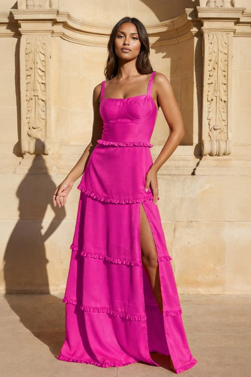 Romantic Tiered Square Neck Sleeveless Satin Maxi Wedding Guest Dress With Slit