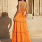 Romantic Tiered Square Neck Sleeveless Satin Maxi Wedding Guest Dress With Slit