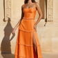 Romantic Tiered Square Neck Sleeveless Satin Maxi Wedding Guest Dress With Slit