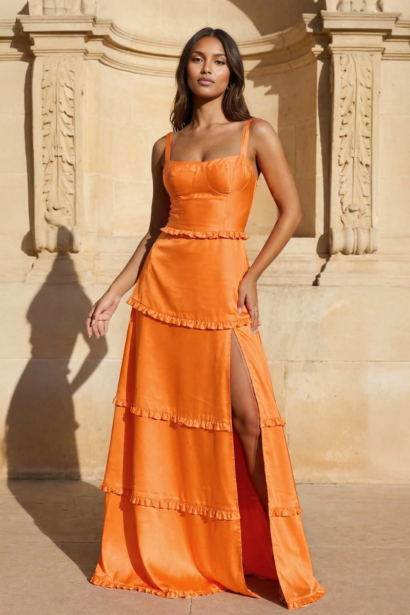 Romantic Tiered Square Neck Sleeveless Satin Maxi Wedding Guest Dress With Slit