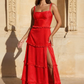 Romantic Tiered Square Neck Sleeveless Satin Maxi Wedding Guest Dress With Slit