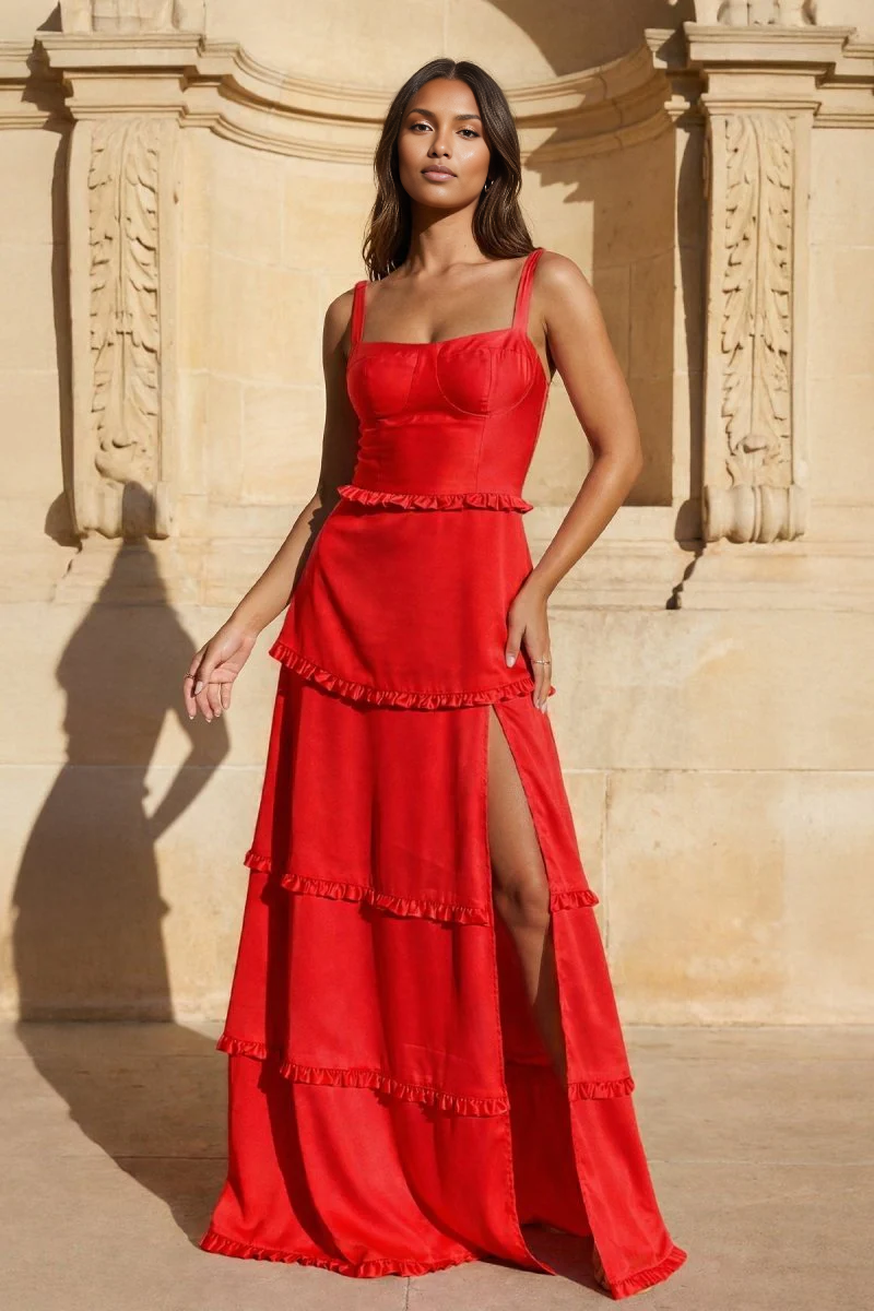 Romantic Tiered Square Neck Sleeveless Satin Maxi Wedding Guest Dress With Slit