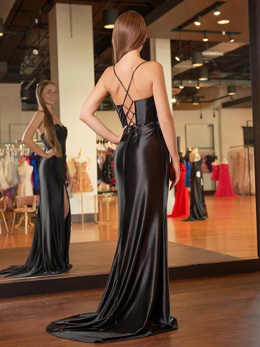 Sleek Mermaid Cowl Neck Sleeveless Satin Maxi Prom Dress With Slit