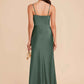 Sleek Mermaid Square-Neck Spaghetti-Strap Satin Long Slit Bridesmaid Dress