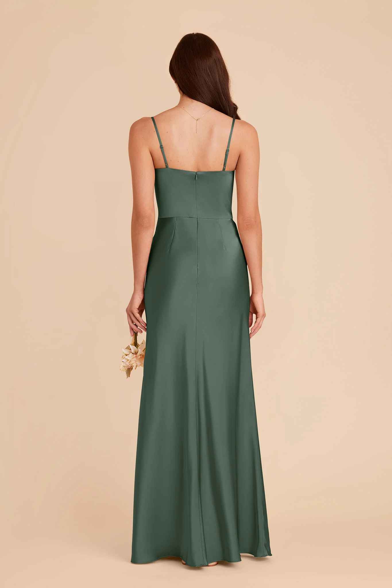 Sleek Mermaid Square-Neck Spaghetti-Strap Satin Long Slit Bridesmaid Dress