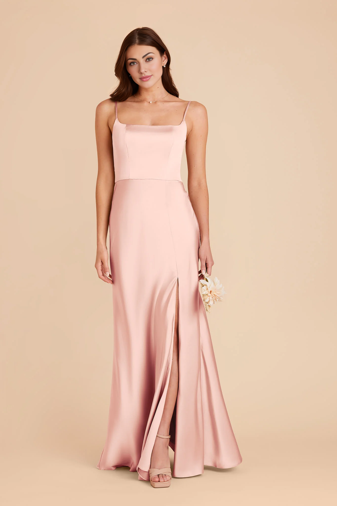 Sleek Mermaid Square-Neck Spaghetti-Strap Satin Long Slit Bridesmaid Dress