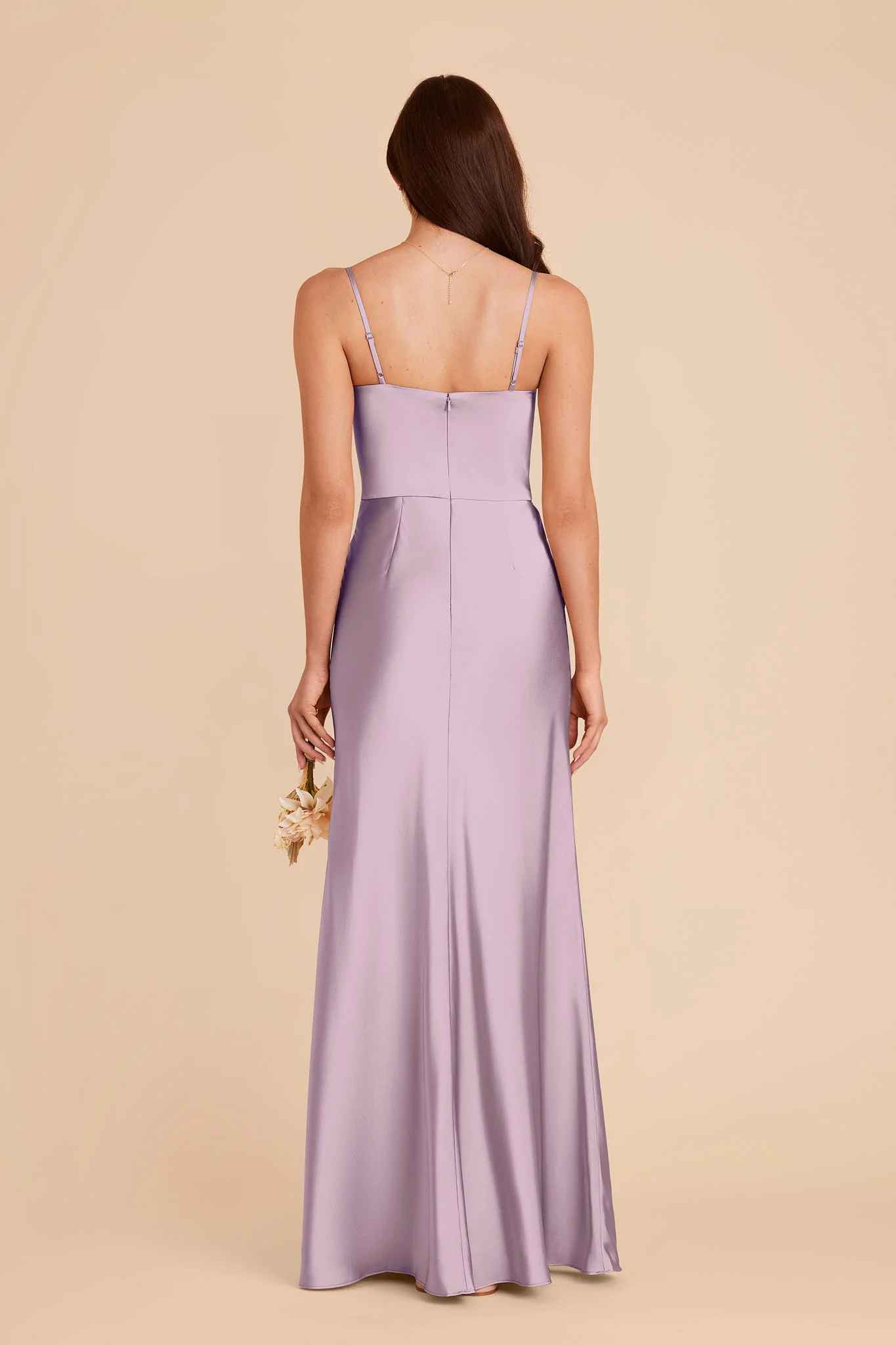 Sleek Mermaid Square-Neck Spaghetti-Strap Satin Long Slit Bridesmaid Dress