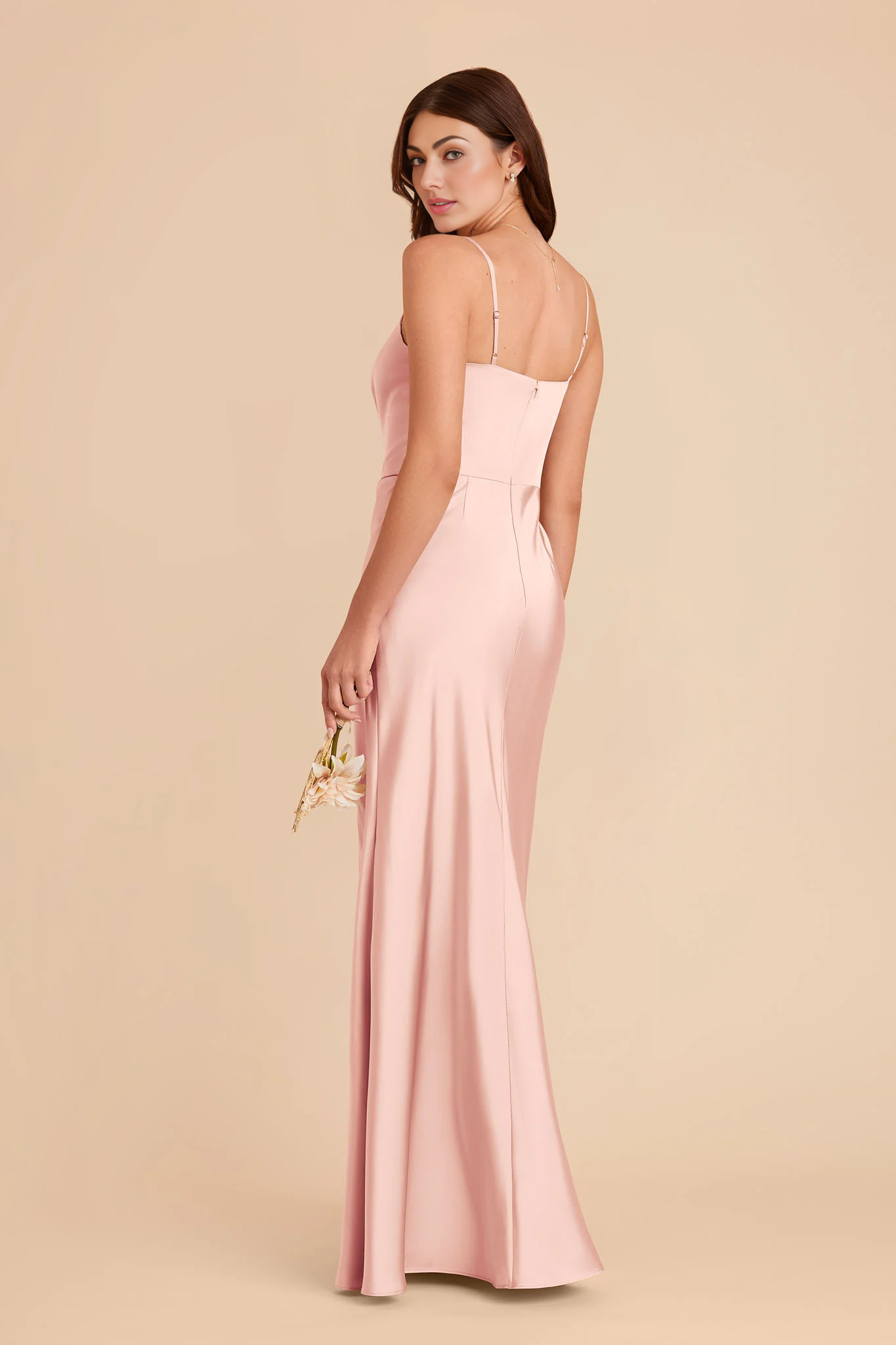 Sleek Mermaid Square-Neck Spaghetti-Strap Satin Long Slit Bridesmaid Dress