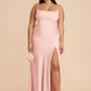 Sleek Mermaid Square-Neck Spaghetti-Strap Satin Long Slit Bridesmaid Dress