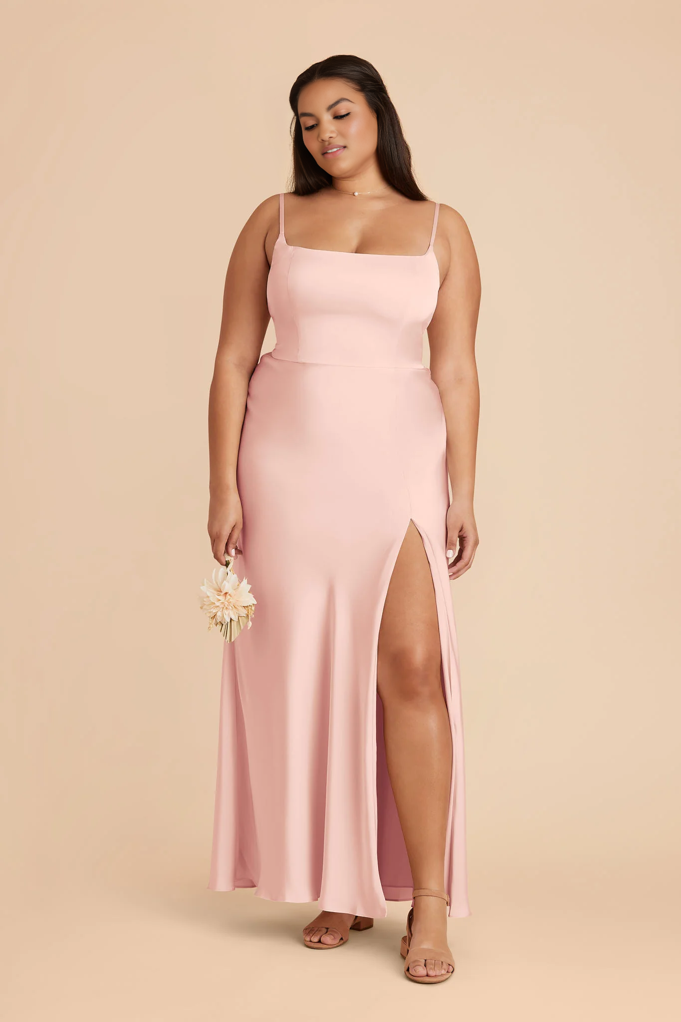 Sleek Mermaid Square-Neck Spaghetti-Strap Satin Long Slit Bridesmaid Dress