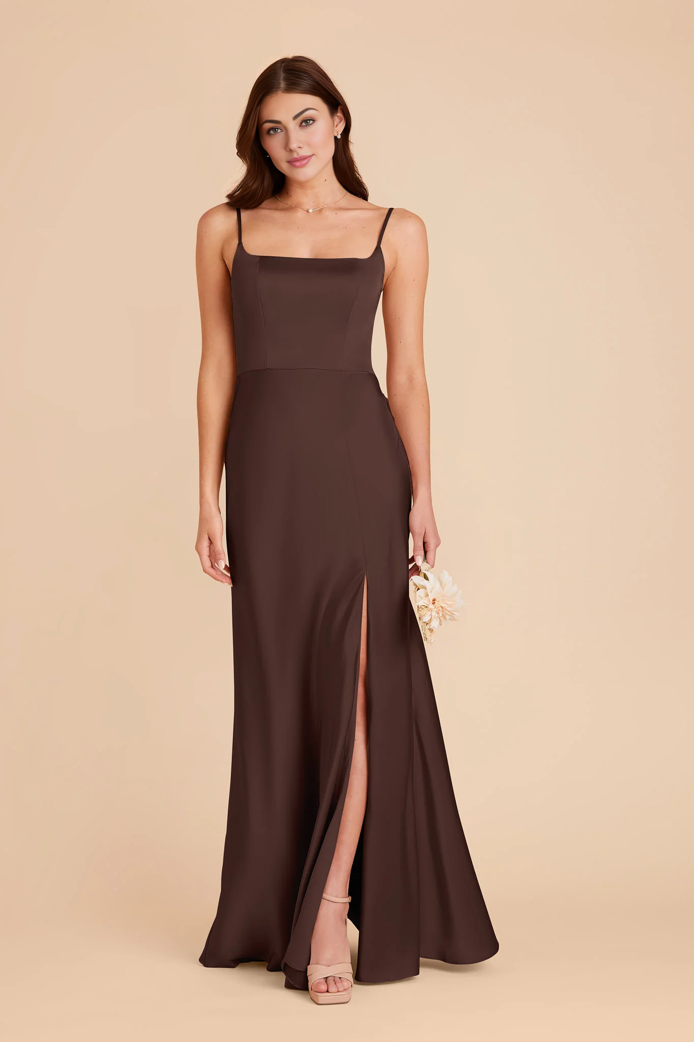 Sleek Mermaid Square-Neck Spaghetti-Strap Satin Long Slit Bridesmaid Dress