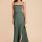 Sleek Mermaid Square-Neck Spaghetti-Strap Satin Long Slit Bridesmaid Dress