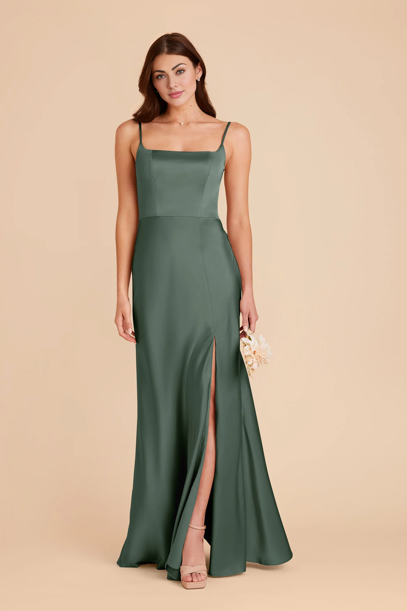 Sleek Mermaid Square-Neck Spaghetti-Strap Satin Long Slit Bridesmaid Dress